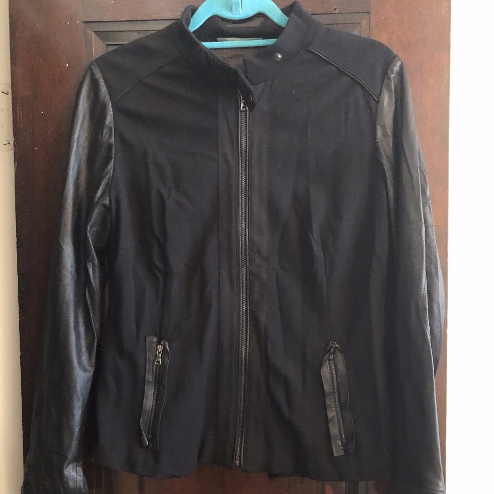 Elie Tahari Mixed Media Jacket with Leather Sleeves & Edging